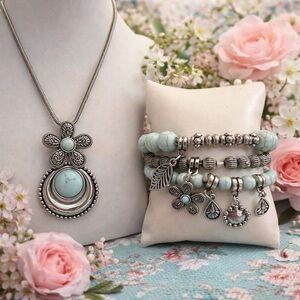 Boho Silver & Light Turquoise Flower Pendant Necklace and Bead Bracelet Stack